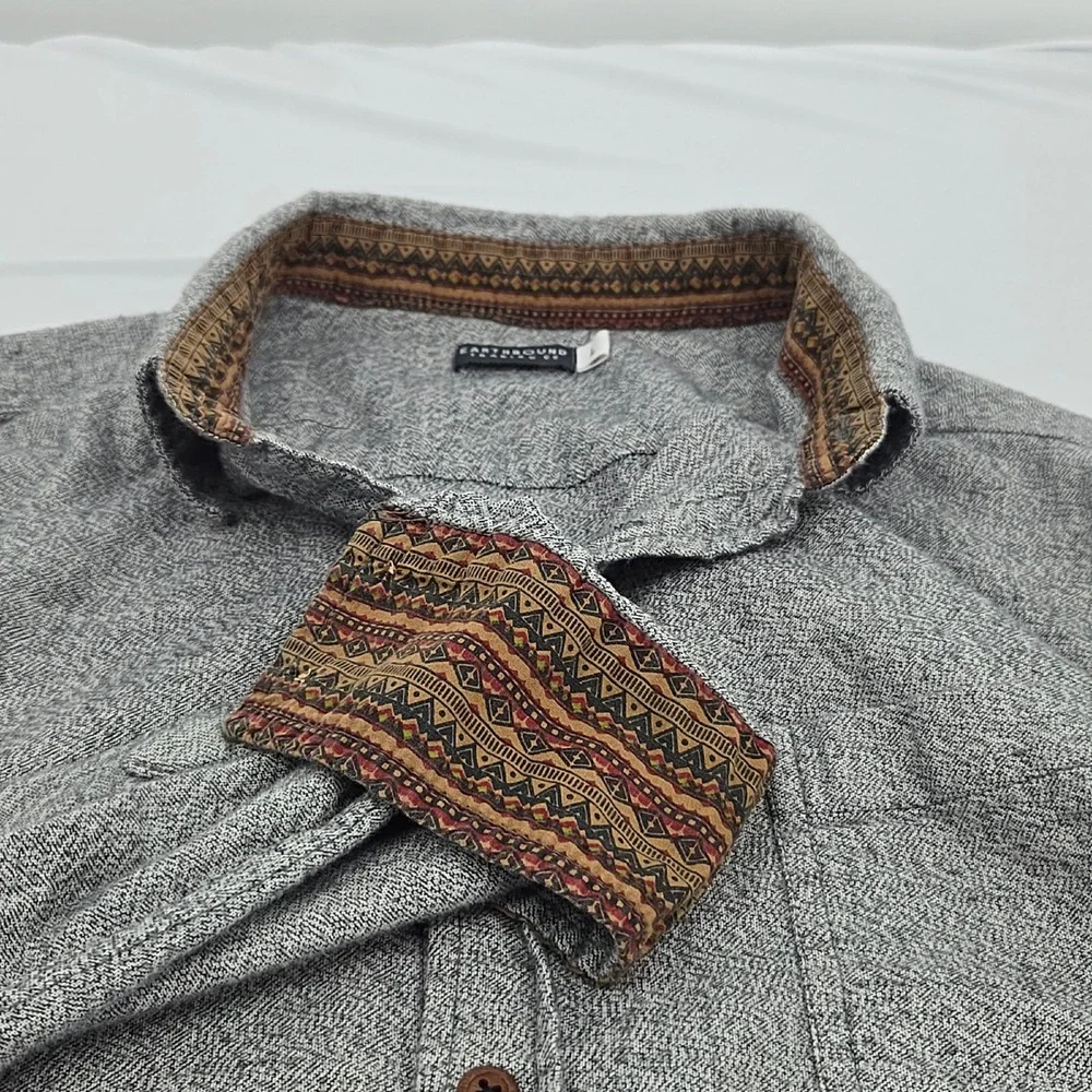 Earthbound Trading Co Button Down Shirt Mens L Gray Long Sleeve Tribal Trim